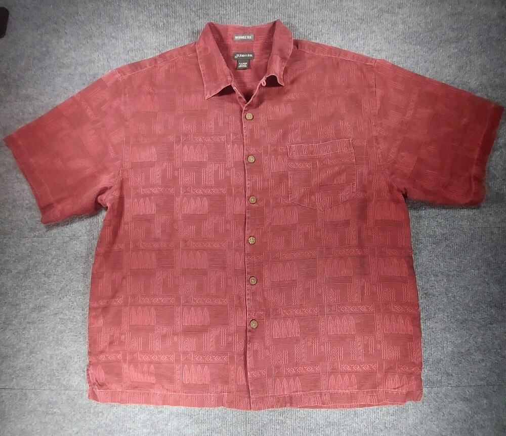 St. John's Bay Men's XL Shirt Washable Silk Burgundy Red Tropical Camp Sh Sleeve